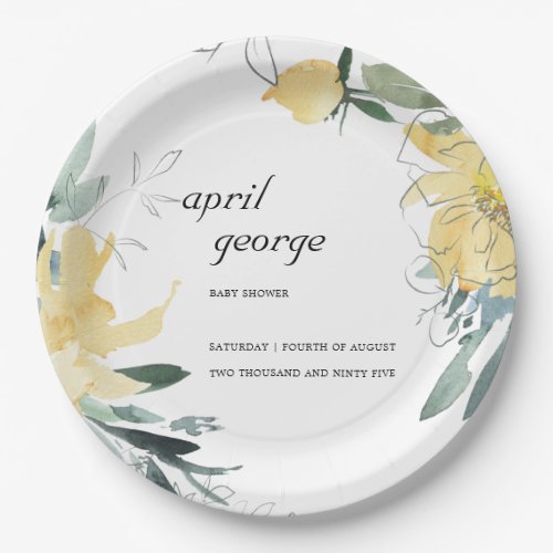 CLEAN YELLOW GREEN FLORAL WATECOLOR BABY SHOWER PAPER PLATES