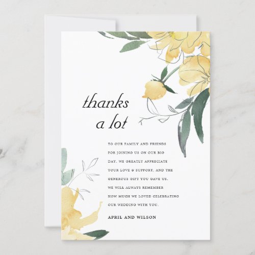 CLEAN YELLOW GREEN WATERCOLOR FLORAL WEDDING THANK THANK YOU CARD