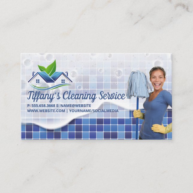 Cleaner Holding Mop | Janitor Business Card (Front)