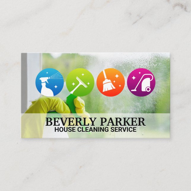 Cleaner Icons | Maid Spraying Window Business Card (Front)
