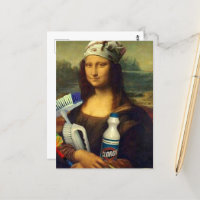 Cleaner Mona Lisa holding cleaning tools Da Vinci
