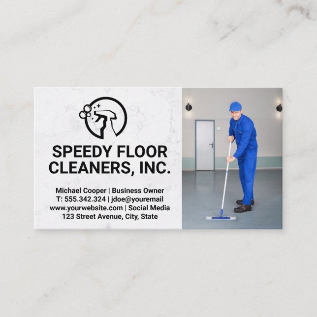 Cleaner Service | Man Cleaning Floors Business Card (Front)