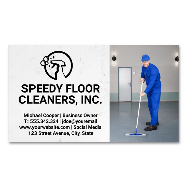 Cleaner Service | Man Cleaning Floors Business Card Magnet (Front)