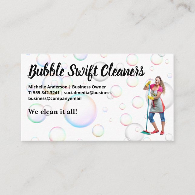 Cleaner with Broom Smiling | Bubbles Business Card (Front)