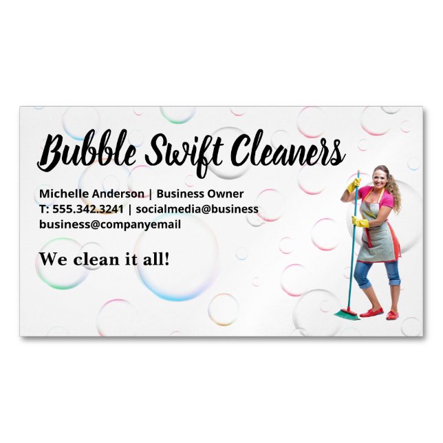 Cleaner with Broom Smiling | Bubbles Business Card Magnet (Front)
