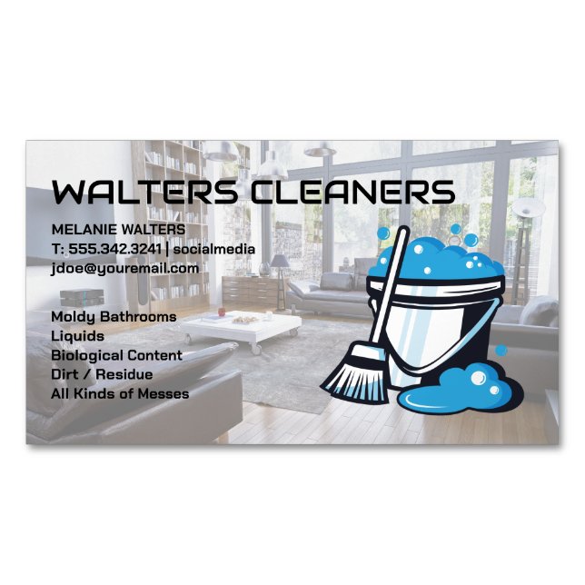Cleaners | Mop and Soap Bucket Business Card Magnet (Front)