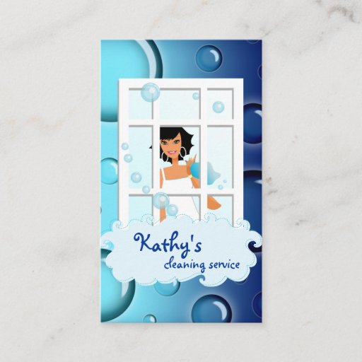 Customizable Cleaning Business Card blue Bubbles Black Hair