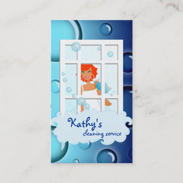 Cleaning Business Card blue Bubbles Red Hair (Front)