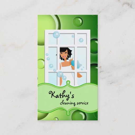 Customizable Cleaning Business Card Green Bubbles Black Hair