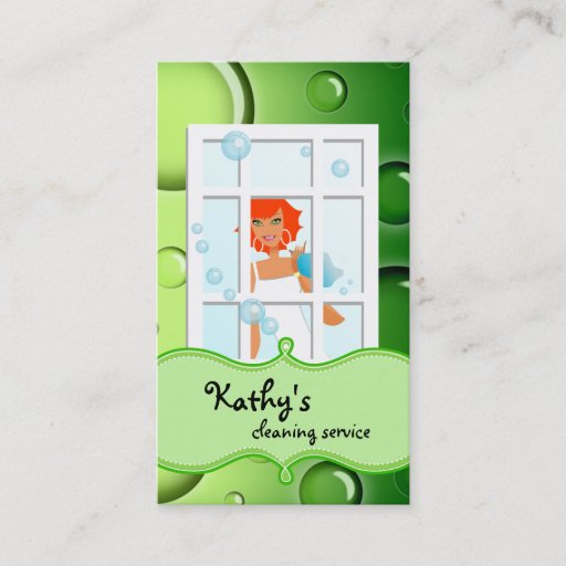 Customizable Cleaning Business Card Green Bubbles Red Hair