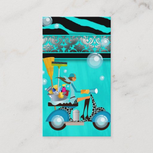 Customizable Cleaning Business Card Scooter Girl Silver Damask