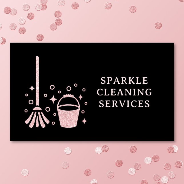 Cleaning Cleaner Mop And Bucket Pink Faux Glitter Business Card (Cleaning business card on a pink background with glitter confetti. )