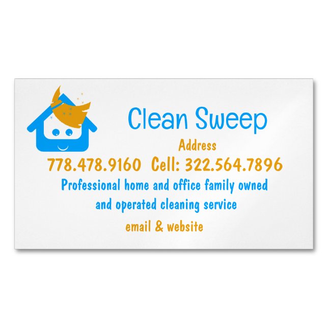 Cleaning Company Clean Sweep Cute House Broom  Business Card Magnet (Front)