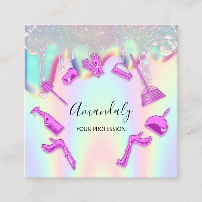 Cleaning House Office Service Logo Holograph Drips Square Business Card (Front)