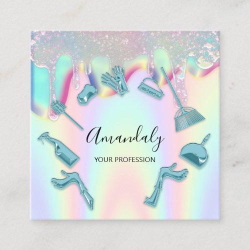 Cleaning House Office Services Logo Holograph Drip Square Business Card