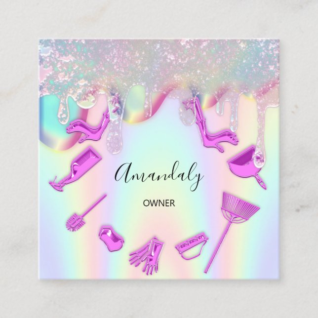 Cleaning House Office Services Logo Holograph Pink Square Business Card (Front)