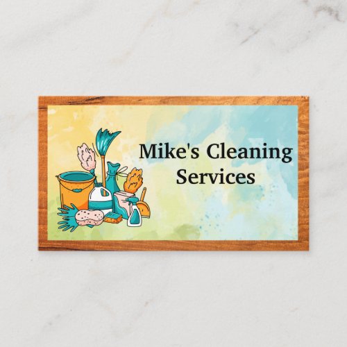 Cleaning House Services Tools  Watercolor  Wood  Business Card