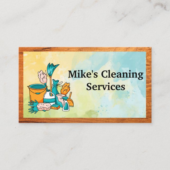 Cleaning House Services Tools | Watercolor | Wood  Business Card (Front)