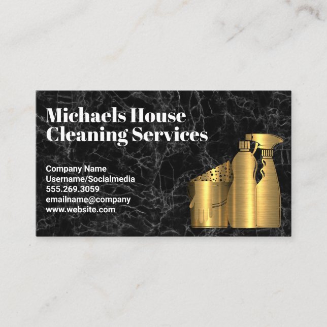 Cleaning House Tools | Golden | Black Marble Business Card (Front)