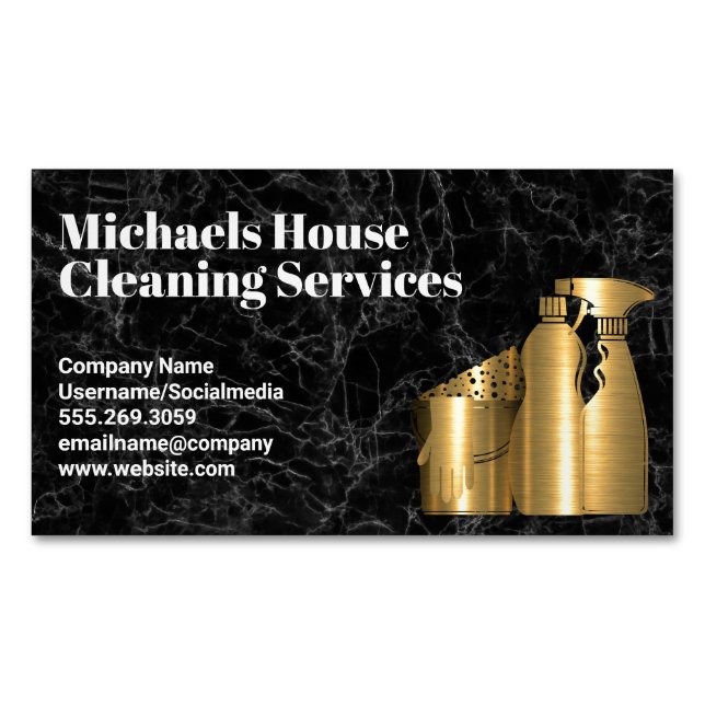 Cleaning House Tools | Golden | Black Marble Business Card Magnet (Front)