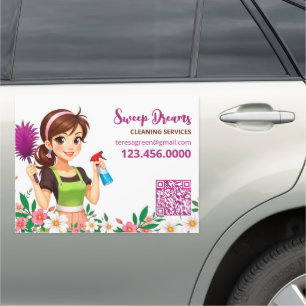 Cleaning Housemaid Floral QR Business Car Magnet