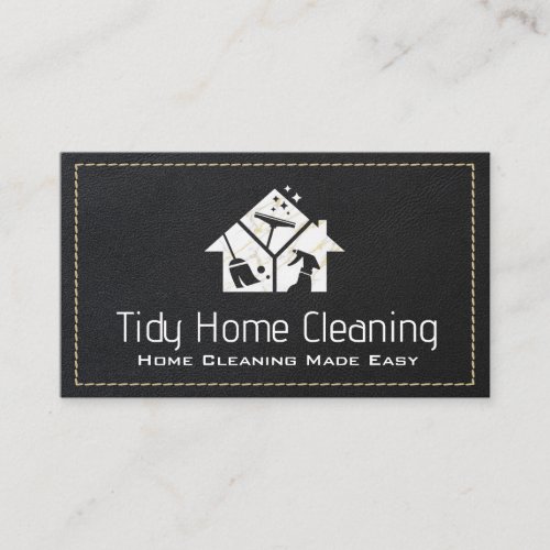 Cleaning Icons  Marble  Black Stitched Leather Business Card