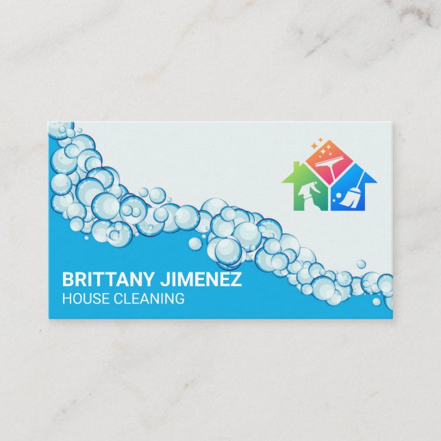 Cleaning Icons | Soap Bubbles | Cleaner Maid Business Card (Front)