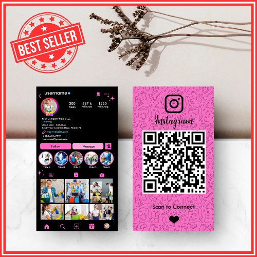 Cleaning Instagram Pink  Housekeeping Maid QR Business Card