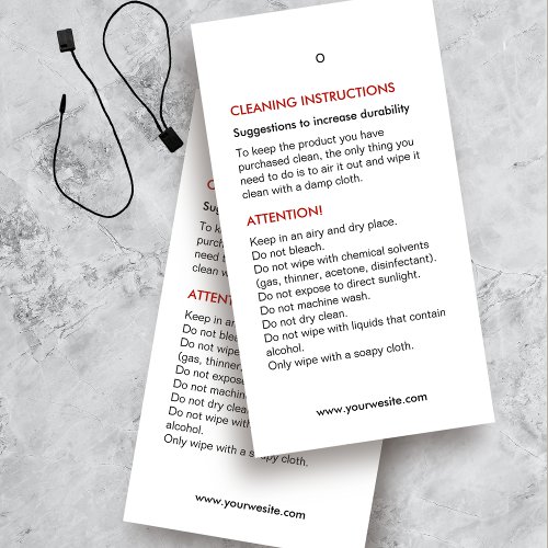 Cleaning Instructions Product Care Hang Tag Card