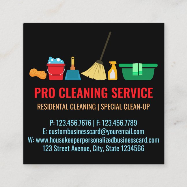 Cleaning janitorial simple housekeeper black square business card