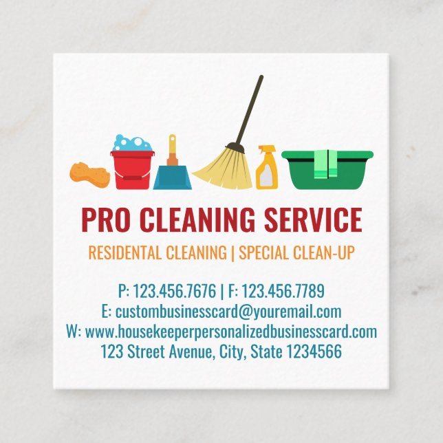 Cleaning janitorial simple housekeeper square business card (Front)