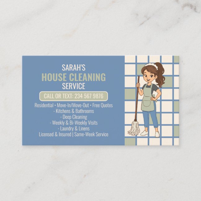 Cleaning Lady Blue Tile House Cleaning Service Business Card