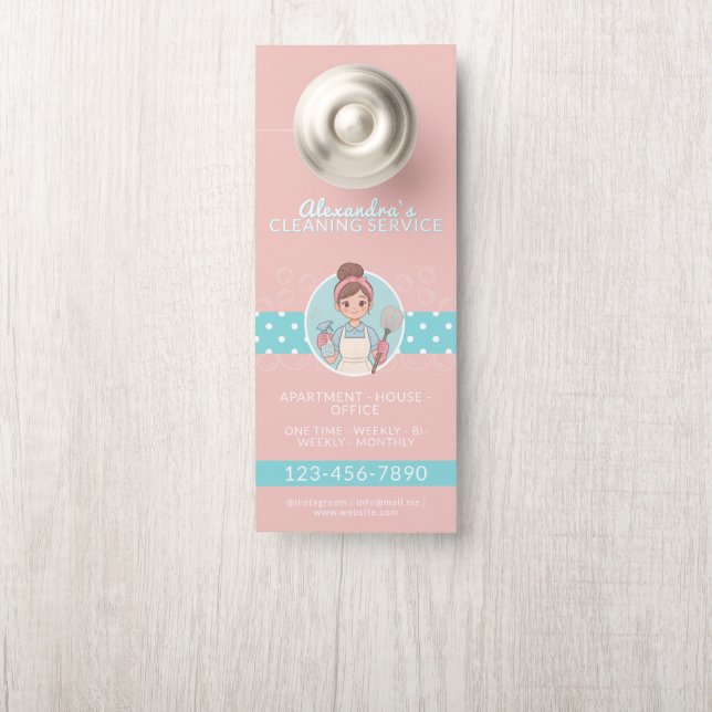 Cleaning Lady Cartoon Pink And Teal Polka Dot  Door Hanger (On Knob)