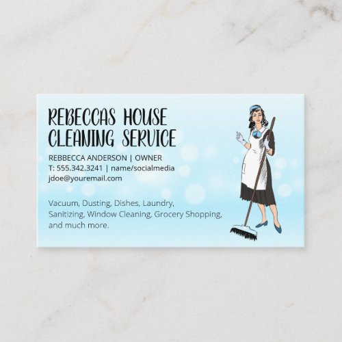 Cleaning Lady Holding Broom  Sparkly Background  Business Card