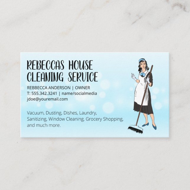 Cleaning Lady Holding Broom | Sparkly Background  Business Card (Front)