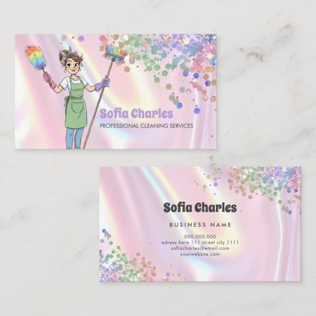 Cleaning Lady Maid Holographic Glitter Pink Business Card (Front/Back)