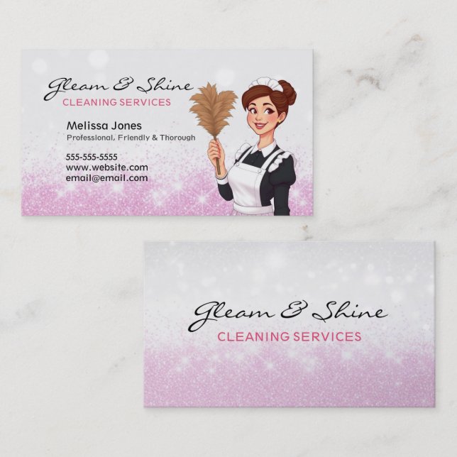 Cleaning Lady Traditional Maid Pink Faux Glitter Business Card (Front/Back)