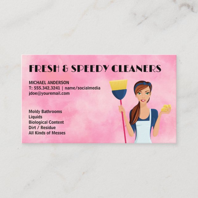 Cleaning Lady with Broom | Maid Business Card (Front)