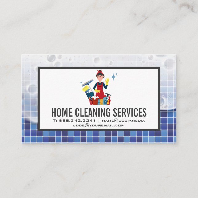 Cleaning Lady with Tools | Soap and Bathroom Tiles Business Card (Front)