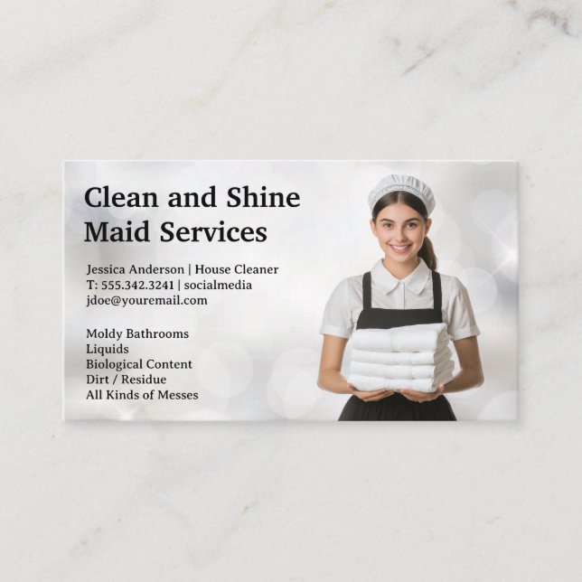 Cleaning Maid Holding Towels Business Card (Front)