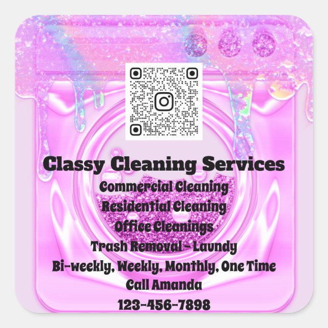 Cleaning Maid Housekeeper QRCode Logo Drips Pinky Square Sticker (Front)