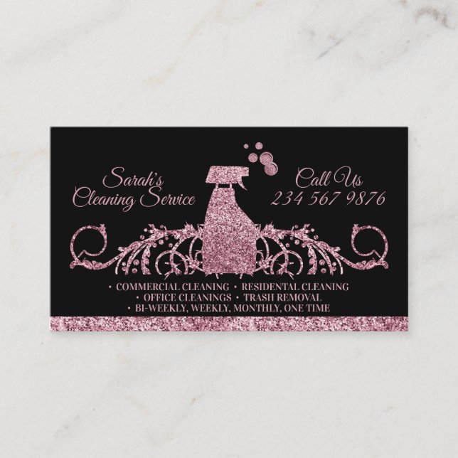 Cleaning Maid Janitorial sparkling pink Black Business Card (Front)