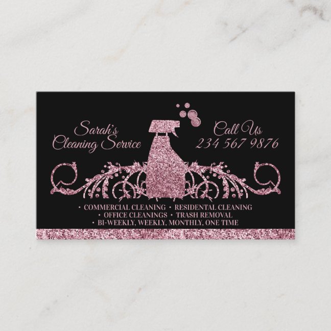 Cleaning Maid Janitorial sparkling pink Black Business Card