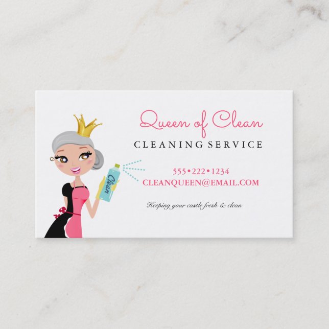 Cleaning Maid Service Gray Hair Character Crown Business Card (Front)