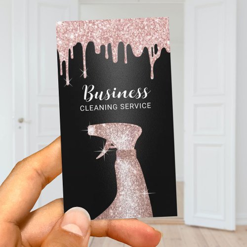 Cleaning  Maid Service Rose Gold Drips Black Business Card