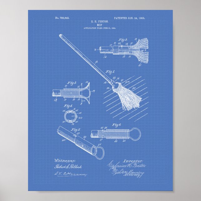 Cleaning Mop 1905 Patent Art Blueprint Poster (Front)