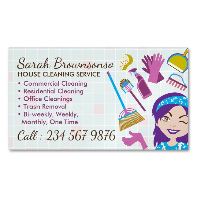Cleaning Purple Janitorial Lady Tile Washing Business Card Magnet (Front)