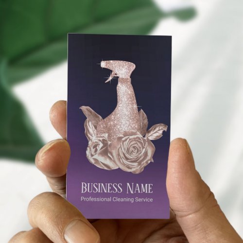 Cleaning Purple  Rose Gold Floral Spray Bottle Business Card