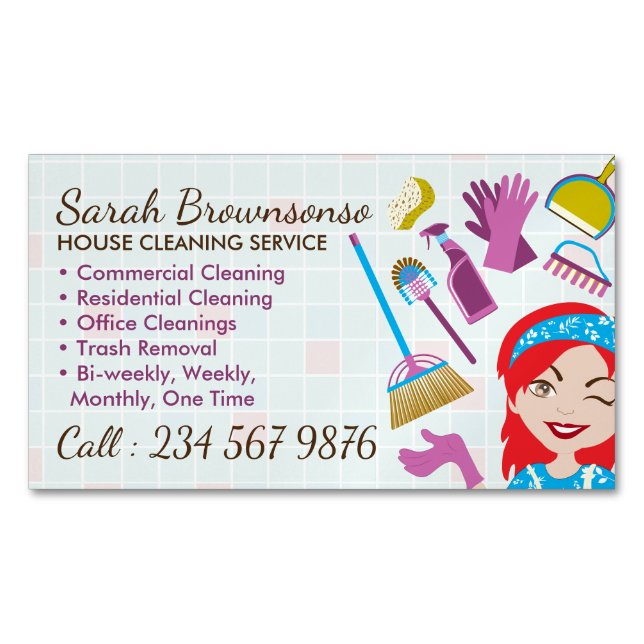 Cleaning Red Janitorial Lady Tile Washing Business Card Magnet (Front)