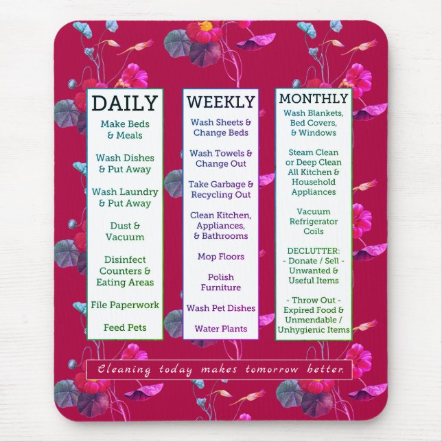 Cleaning Schedule & Affirmation Feminine Floral Mouse Pad (Front)